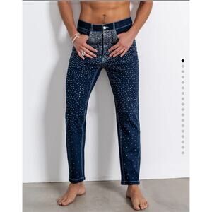 Orttu Ralph Jean Stones Jeans XXL Rhinestone Blue $195 Casual Rave Party Holiday